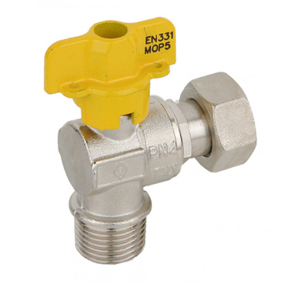 Миникран шаровой Ду 10 Бугатти 1/2"x1/2", газ, угловой, наружная резьба/накидная гайка, «бабочка» из алюминия желтого цвета, Bugatti