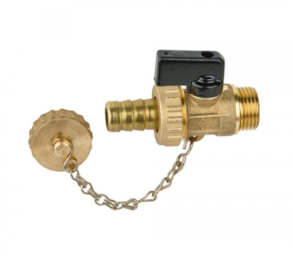 Миникран шаровой Ду 10 Бугатти 3/8"x3/4", сливной со штуцером и крышкой, "флажок" из алюминия, Bugatti