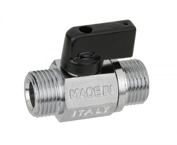 Миникран шаровой Ду 10 Бугатти 1/2"x15, латунный, резьбы наружная-наружная,  пескоструенный и никелированный, «флажок» из ABS, Bugatti