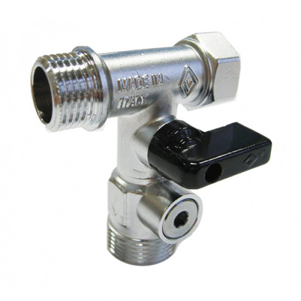 Миникран шаровой Ду 10 Бугатти 1/2"×3/4"×1/2", для бытовой техники с встроенным защитным клапаном «АКВАСТОП», резьбы наружная-наружная-внутренняя , "флажок" из алюминия, Bugatti