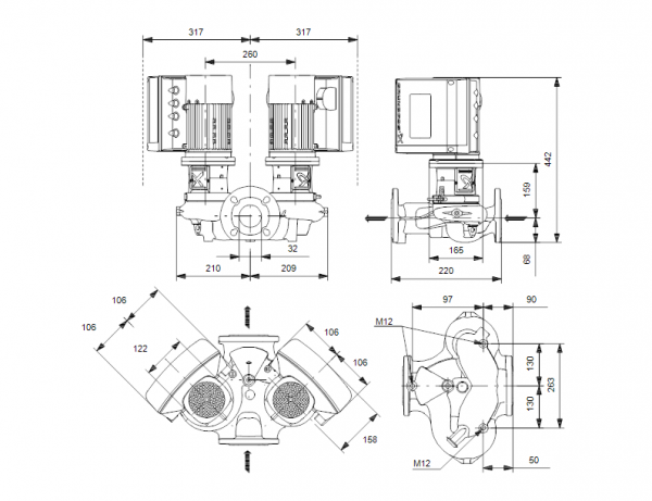 Габариты центробежного сдвоенного насоса Grundfos TPE2 D 32-80 BQQE
