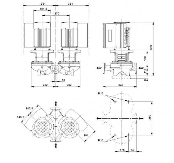 Габариты центробежного сдвоенного насоса Grundfos TPED 50-290/2 BAQE