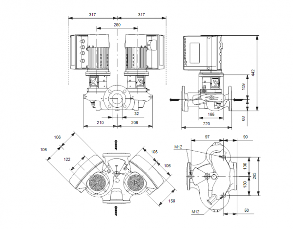 Габариты центробежного сдвоенного насоса Grundfos TPE2 D 32-120 BQBE