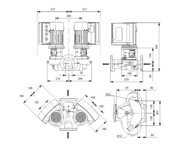 Габариты центробежного сдвоенного насоса Grundfos TPE2 D 32-180 BQBE
