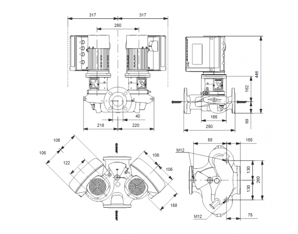 Габариты центробежного сдвоенного насоса Grundfos TPE2 D 40-150 BQBE