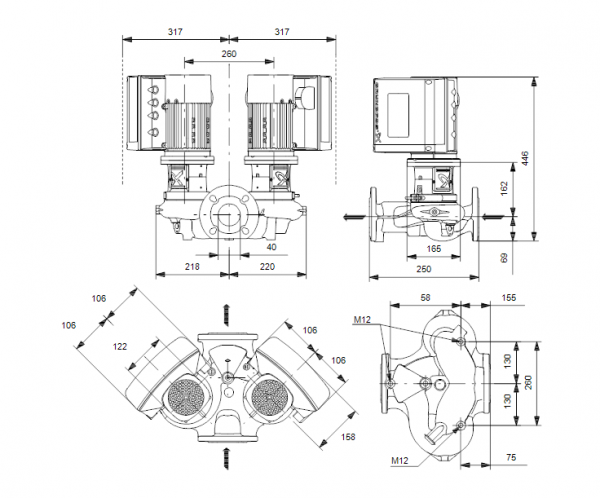 Габариты центробежного сдвоенного насоса Grundfos TPE2 D 40-180 BQBE