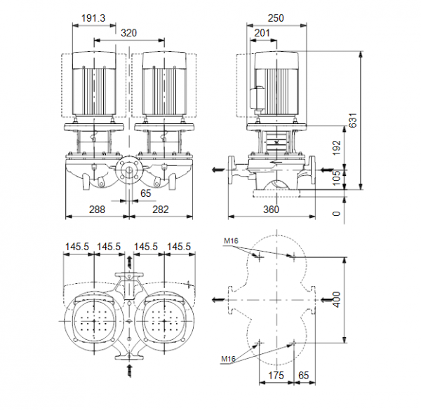 Габариты центробежного сдвоенного насоса Grundfos TPED 65-250/2 BAQE