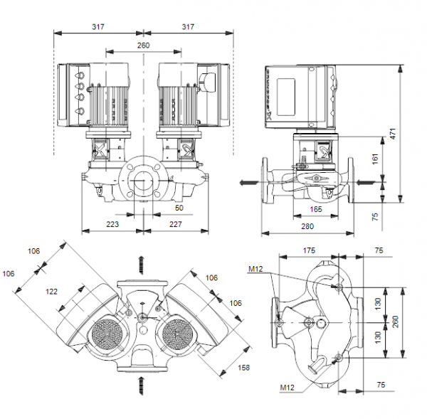 Габариты центробежного сдвоенного насоса Grundfos TPE2 D 50-200 BQBE