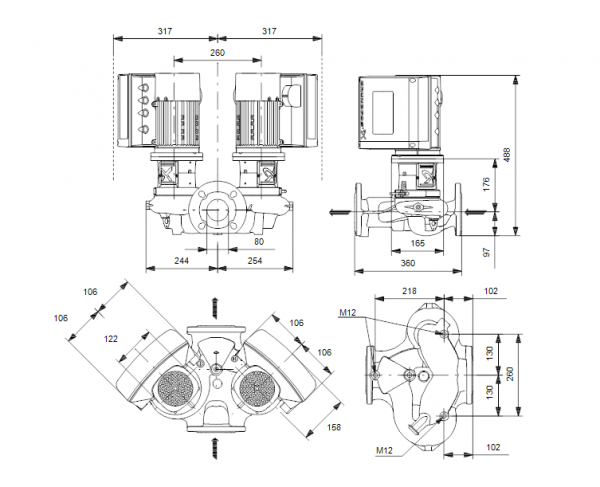 Габариты центробежного сдвоенного насоса Grundfos TPE2 D 80-40 BQQE