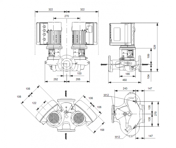 Габариты центробежного сдвоенного насоса Grundfos TPE2 D 100-150 BQQE