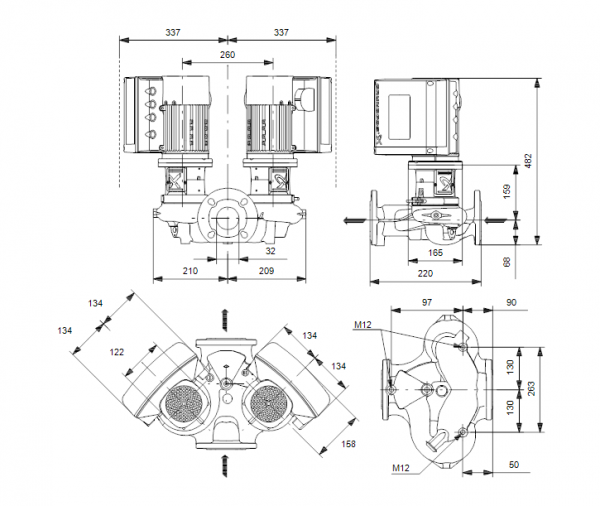 Габариты центробежного сдвоенного насоса Grundfos TPE2 D 32-80 BQBE