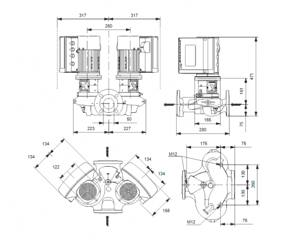 Габариты центробежного сдвоенного насоса Grundfos TPE2 D 50-240 BQQE