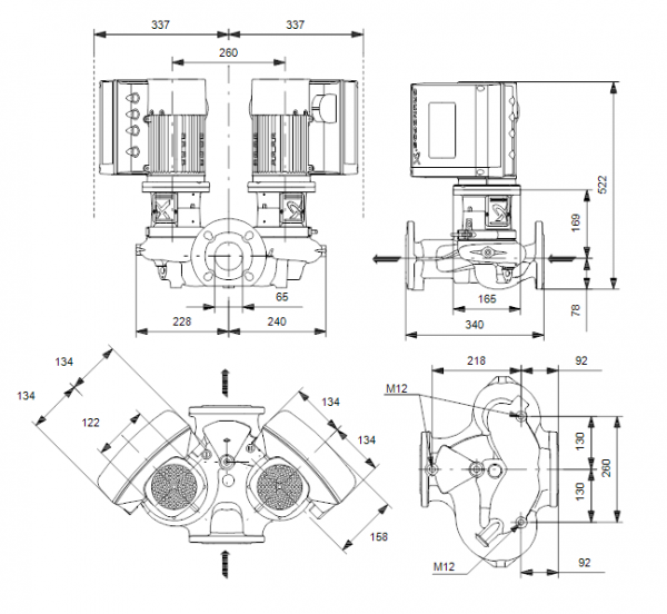 Габариты центробежного сдвоенного насоса Grundfos TPE2 D 65-180 BQQE