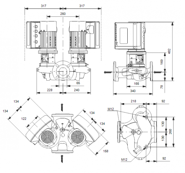 Габариты центробежного сдвоенного насоса Grundfos TPE2 D 65-200 BQQE