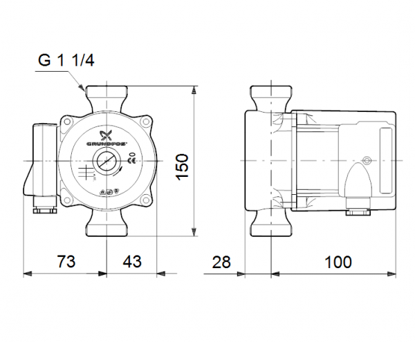 Габариты циркуляционного насоса Grundfos UP 20-30 N