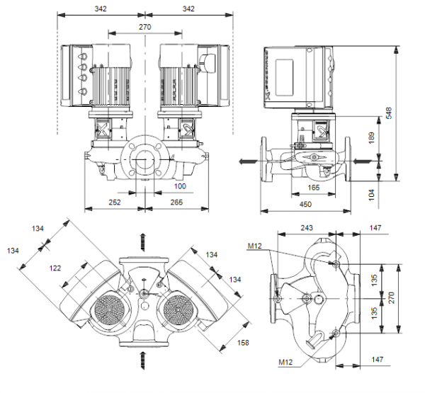Габариты центробежного сдвоенного насоса Grundfos TPE2 D 100-120 BQQE