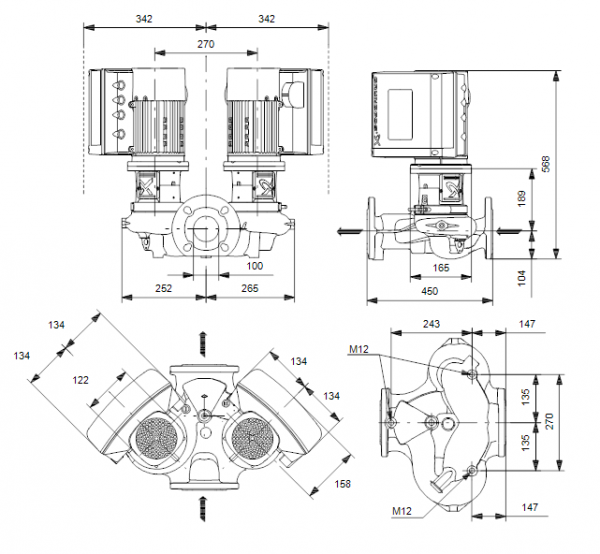Габариты центробежного сдвоенного насоса Grundfos TPE2 D 100-150 BQQE