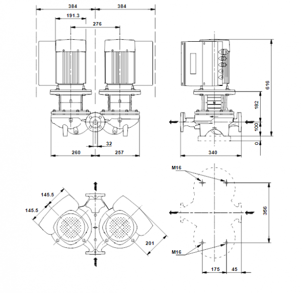 Габариты центробежного сдвоенного насоса Grundfos TPED 32-380/2 BAQE