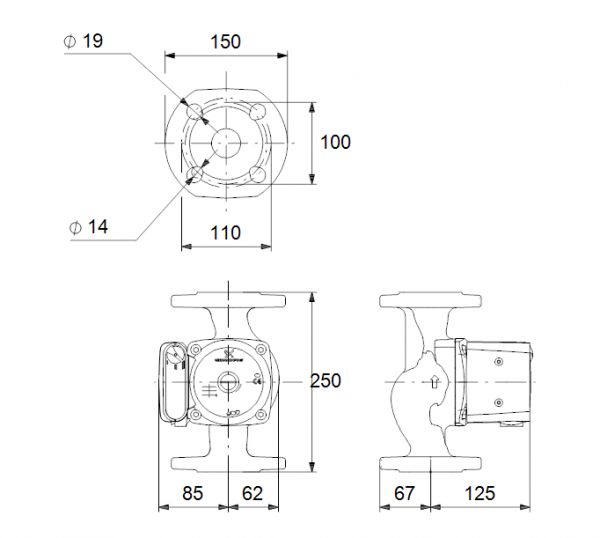 Габариты циркуляционного насоса Grundfos UPS 40-50 F