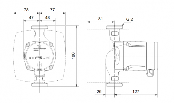 Габариты циркуляционного насоса Grundfos ALPHA2 L 32-60