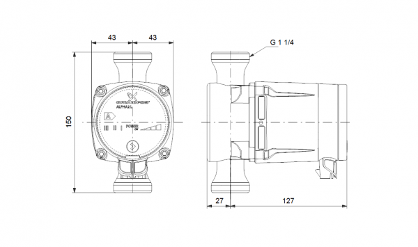 Габариты циркуляционного насоса Grundfos ALPHA2 L 20-45 N 150