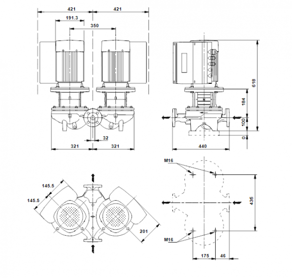 Габариты центробежного сдвоенного насоса Grundfos TPED 32-460/2 BAQE