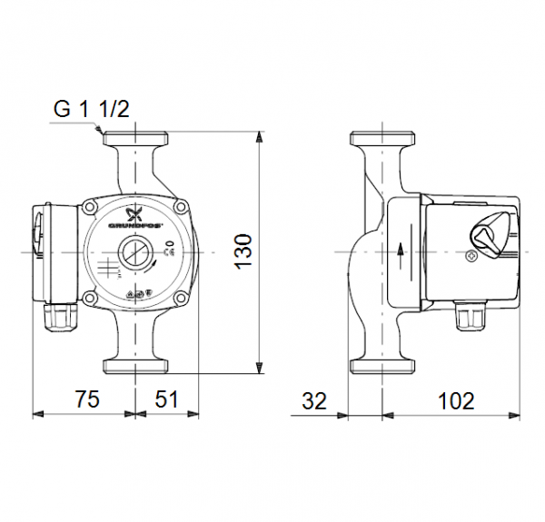 Габариты циркуляционного насоса Grundfos UPS 25-20