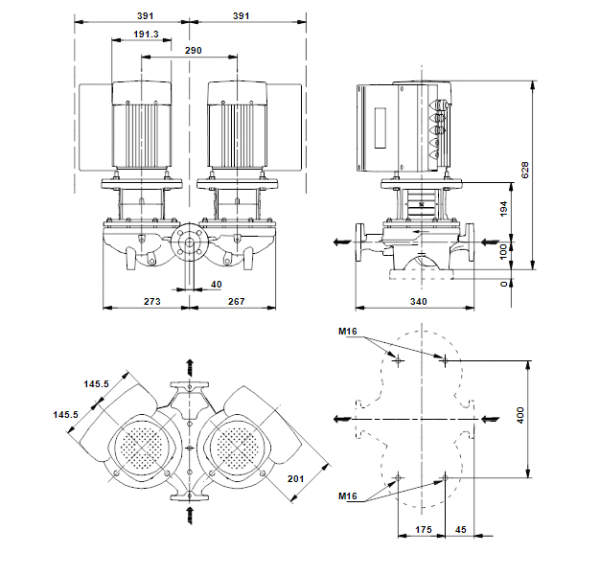 Габариты центробежного сдвоенного насоса Grundfos TPED 40-300/2 BQQE