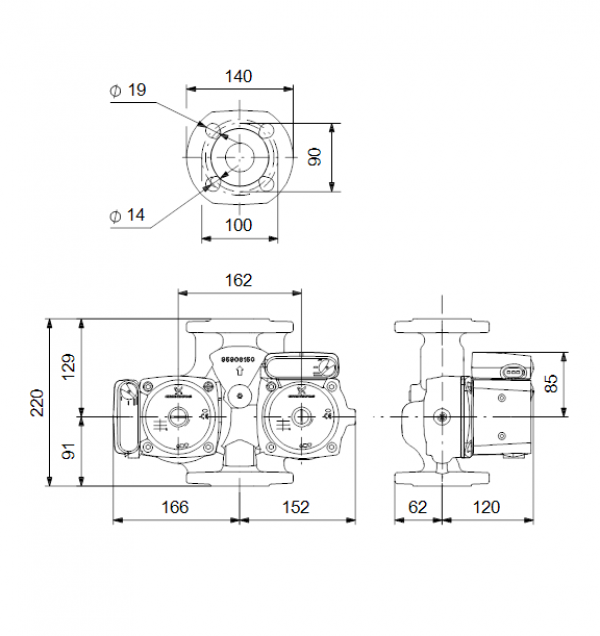 Габариты циркуляционного насоса Grundfos UPSD 32-80 F