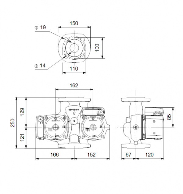 Габариты циркуляционного насоса Grundfos UPSD 40-80 F