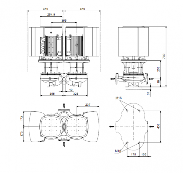 Габариты центробежного сдвоенного насоса Grundfos TPED 40-630/2 BQQE
