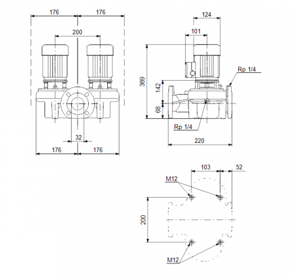 Габариты сдвоенного центробежного насоса Grundfos TPD 32-30/4 BQQE