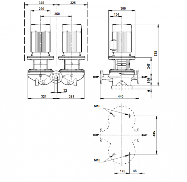 Габариты сдвоенного центробежного насоса Grundfos TPD 32-580/2 BQQE