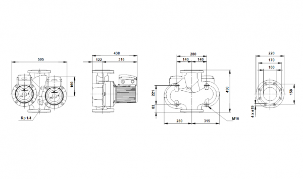 Габариты сдвоенного циркуляционного насоса Grundfos UPSD 100-30 F