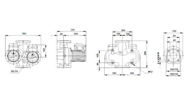 Габариты сдвоенного циркуляционного насоса Grundfos UPSD 40-60 F 