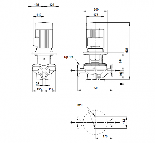 Габариты центробежного насоса Grundfos TP 32-250/2 BAQE