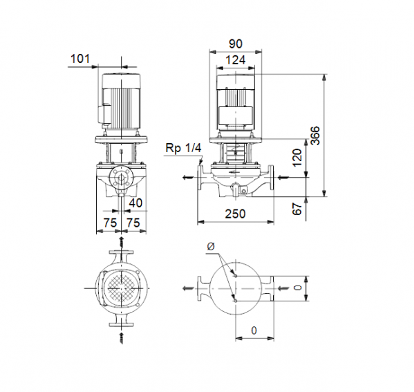 Габариты центробежного насоса Grundfos TP 40-80/2 BQBE