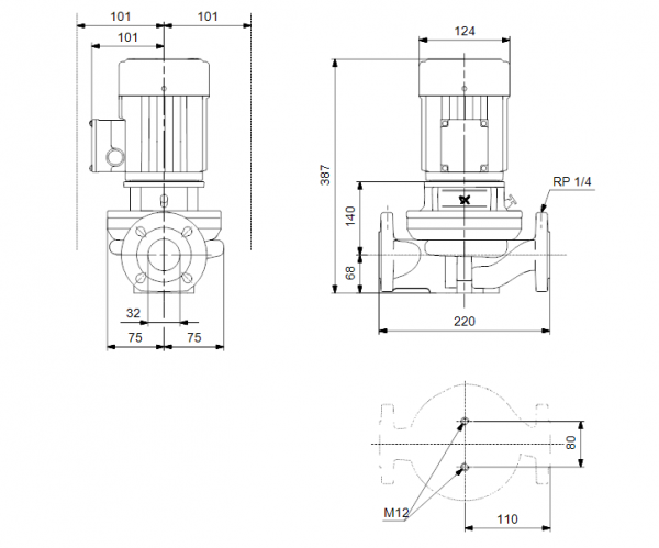 Габариты центробежного насоса Grundfos TP 32-60/2 BQBE