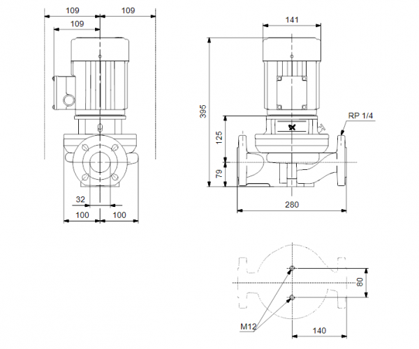 Габариты центробежного насоса Grundfos TP 32-150/2 BQQE