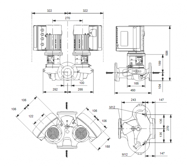 Габариты центробежного сдвоенного насоса Grundfos TPE3 D 100-40 BQBE