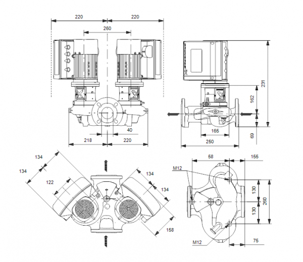 Габариты центробежного сдвоенного насоса Grundfos TPE3 D 40-120 BQBE