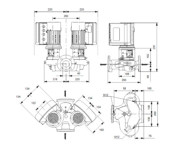 Габариты центробежного сдвоенного насоса Grundfos TPE3 D 40-150 BQQE