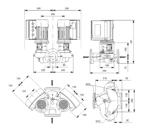 Габариты центробежного сдвоенного насоса Grundfos TPE3 D 65-150 BQQE