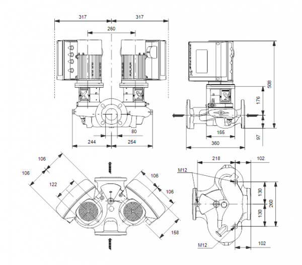  Габариты центробежного сдвоенного насоса Grundfos TPE3 D 80-150 BQBE