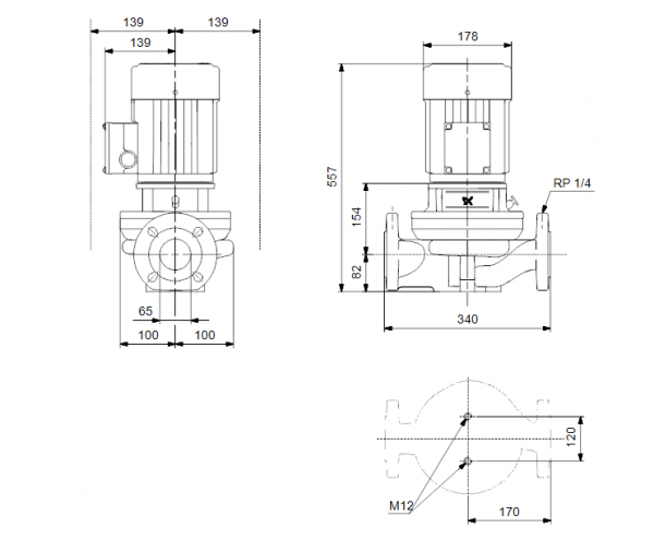 Габариты центробежного насоса Grundfos TP 65-180/2 Z BQBE