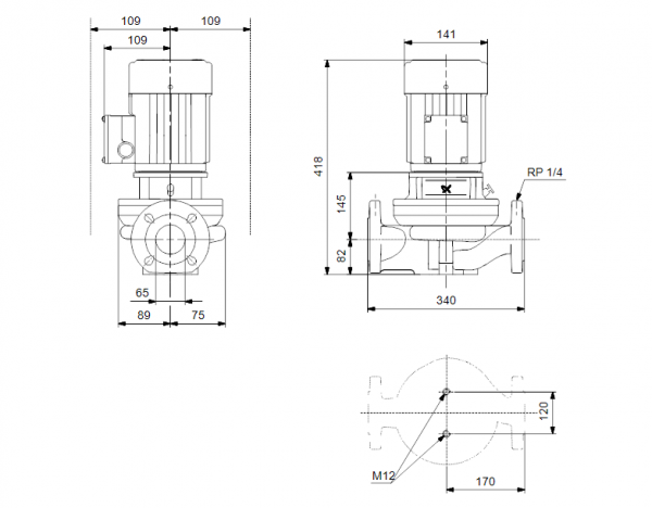 Габариты центробежного насоса Grundfos TP 65-60/2 Z BQBE