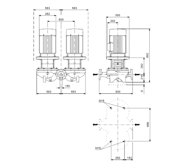 Габариты сдвоенного центробежного насоса Grundfos TPD 150-70/6 BAQE