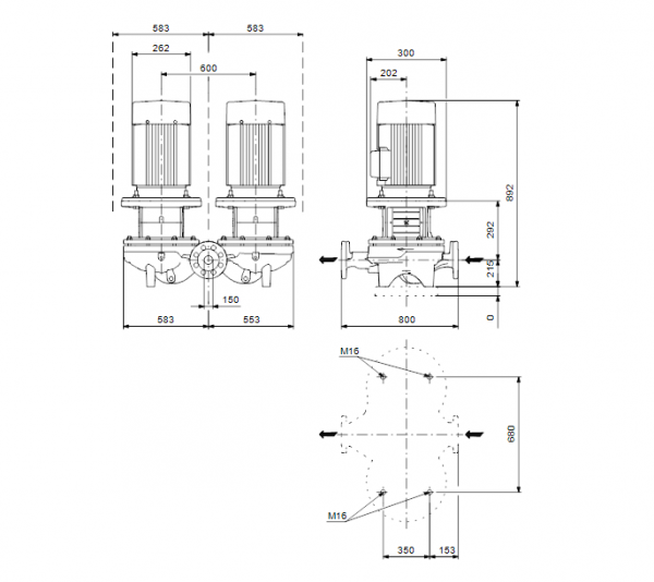 Габариты сдвоенного центробежного насоса Grundfos TPD 150-90/6 BAQE