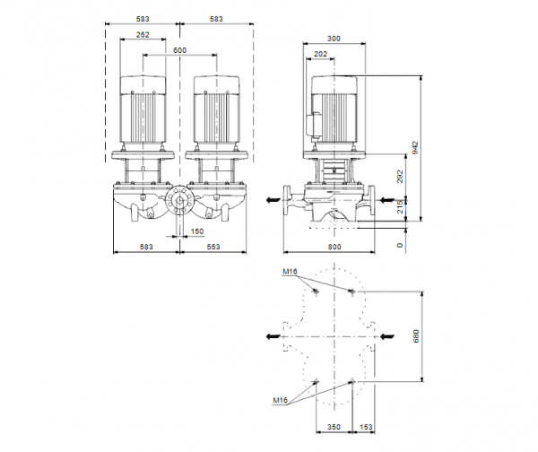 Габариты сдвоенного центробежного насоса Grundfos TPD 150-110/6 BAQE
