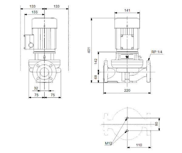 Габариты центробежного насоса Grundfos TP 32-30/4 Z BQBE